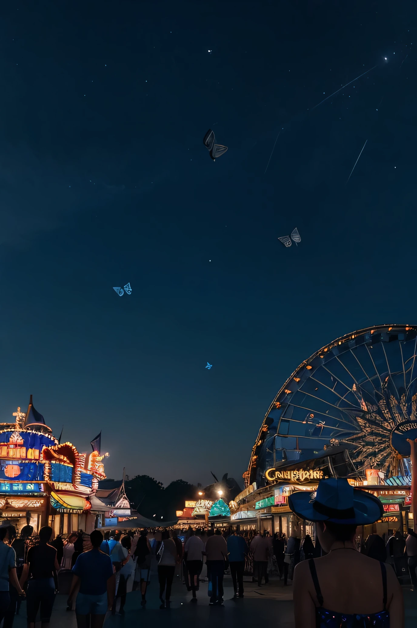 Realistic photo of 1 magical amusement park at night, with about 2 blue butterflies flying through the night sky, CANON EOS, close up portrait, cinematic mode, 8k