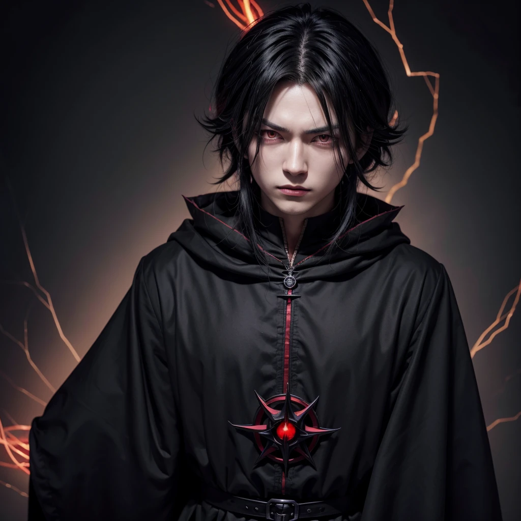 anime character male character in a black outfit, in dark robes, dark wizard, dark priest, dark dress, best anime character design, villain pose, evil sorcerer, with black hair and red eyes on a dark background, with bright red eyes, okata kazuko, ryuko matoi,sharp red eyes, sebastian michael, it has a piercing gaze.