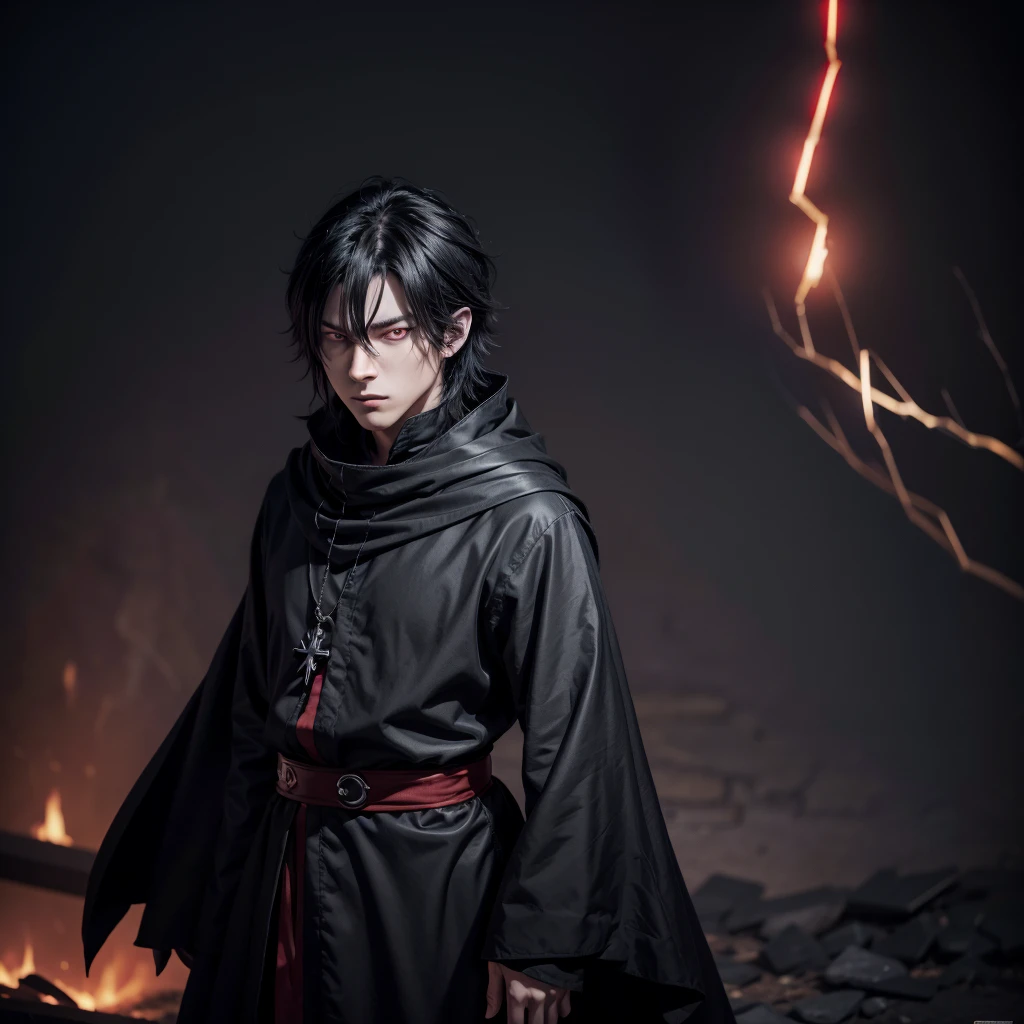 anime character male character in a black outfit, in dark robes, dark wizard, dark priest, dark dress, best anime character design, villain pose, evil sorcerer, with black hair and red eyes on a dark background, with bright red eyes, okata kazuko, ryuko matoi,sharp red eyes, sebastian michael, it has a piercing gaze.