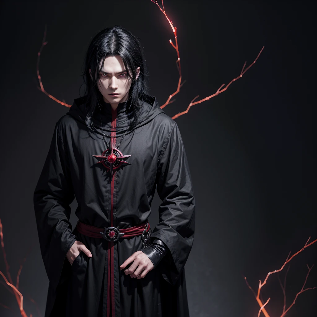 anime character male character in a black outfit, in dark robes, dark wizard, dark priest, dark dress, best anime character design, villain pose, evil sorcerer, with black hair and red eyes on a dark background, with bright red eyes, okata kazuko, ryuko matoi,sharp red eyes, sebastian michael, it has a piercing gaze.