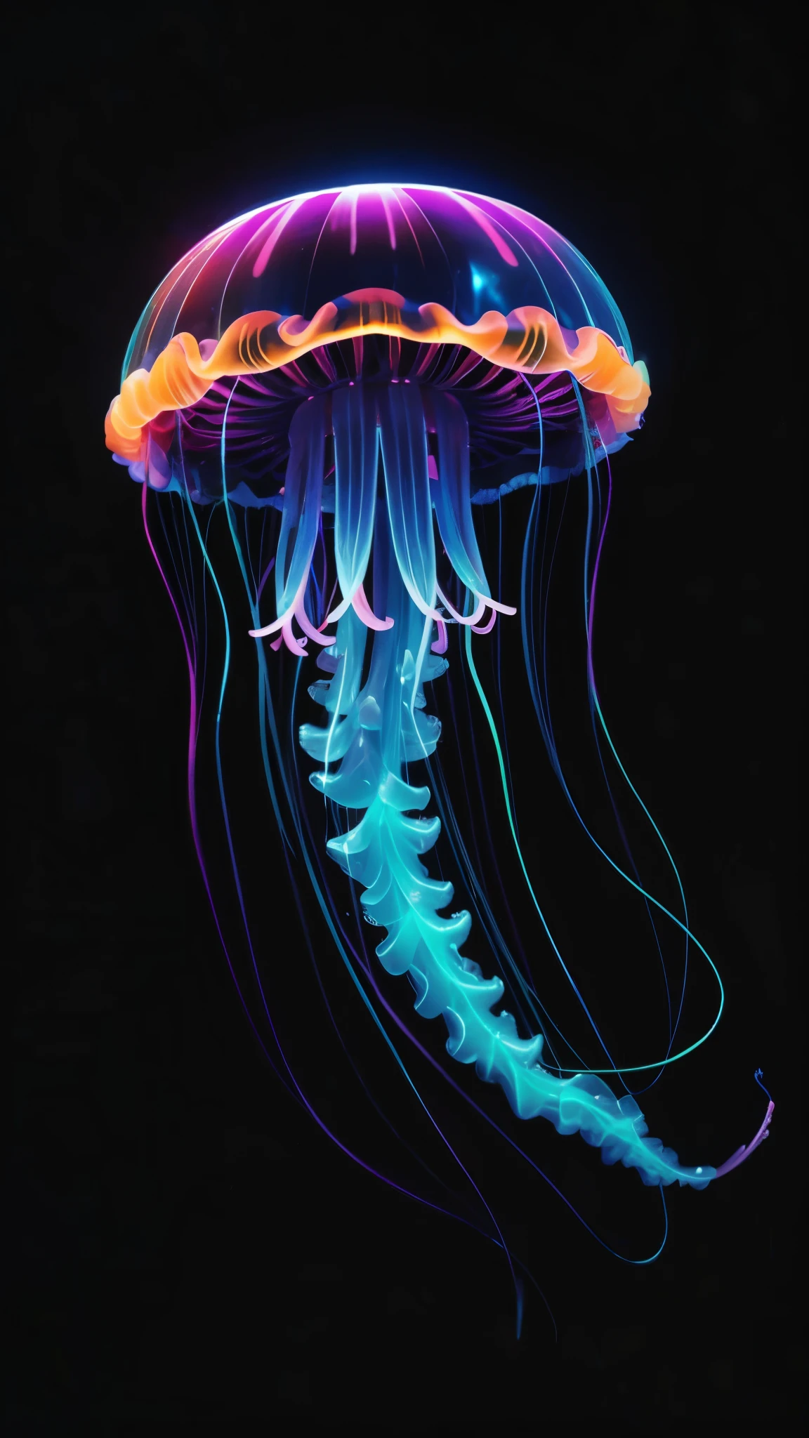 a bright neon colored jellyfish on a black background