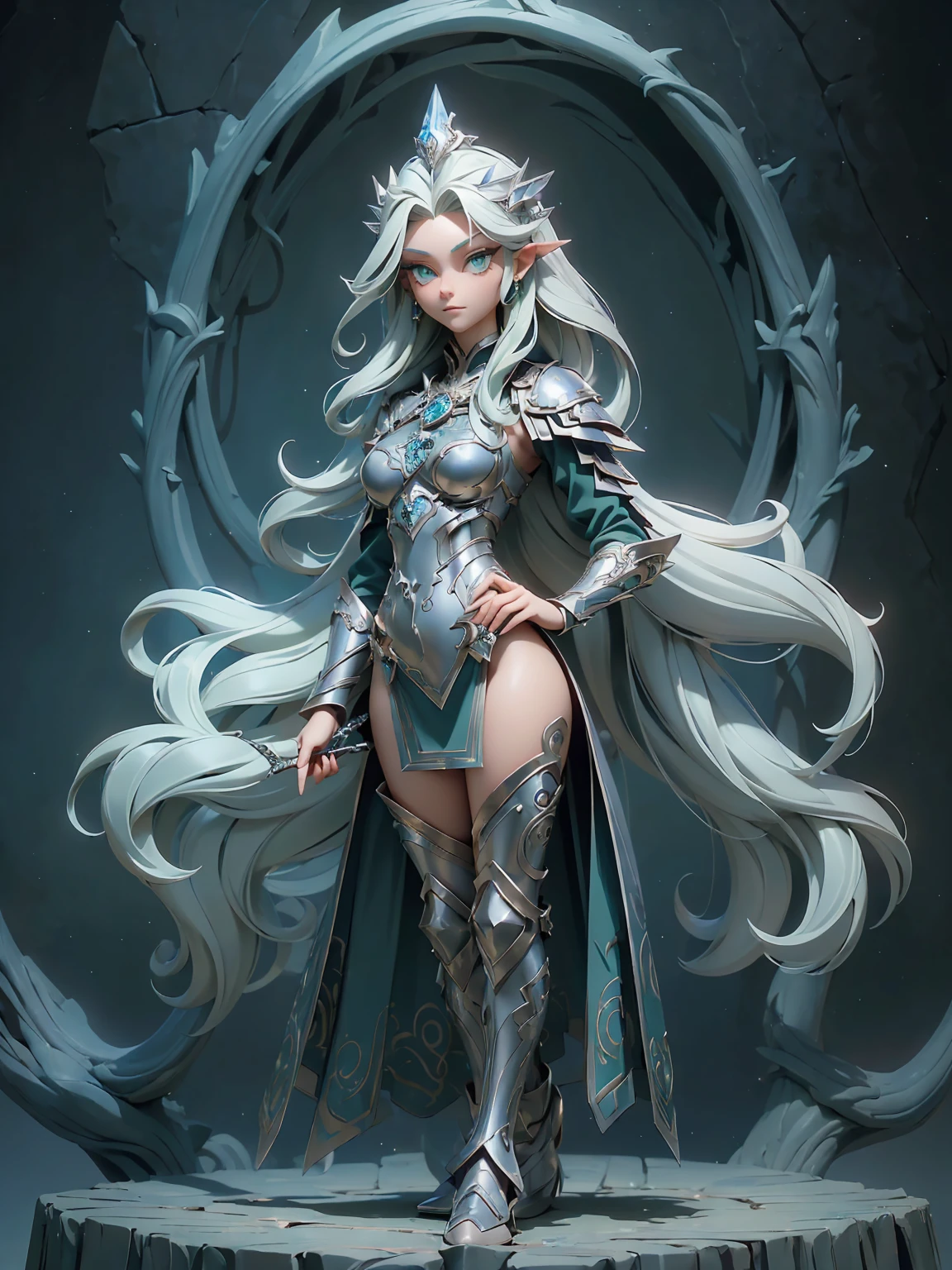 (((masterpiece, best quality, high detailed, 16k))) (1girl) A stunningly elegant young mage with long flowing silver hair and captivating green eyes. She wears intricately detailed armor in shades of deep blue and silver, adorned with mystical runes and symbols. She holds a beautifully crafted staff with a glowing crystal at the top. ((full body view))