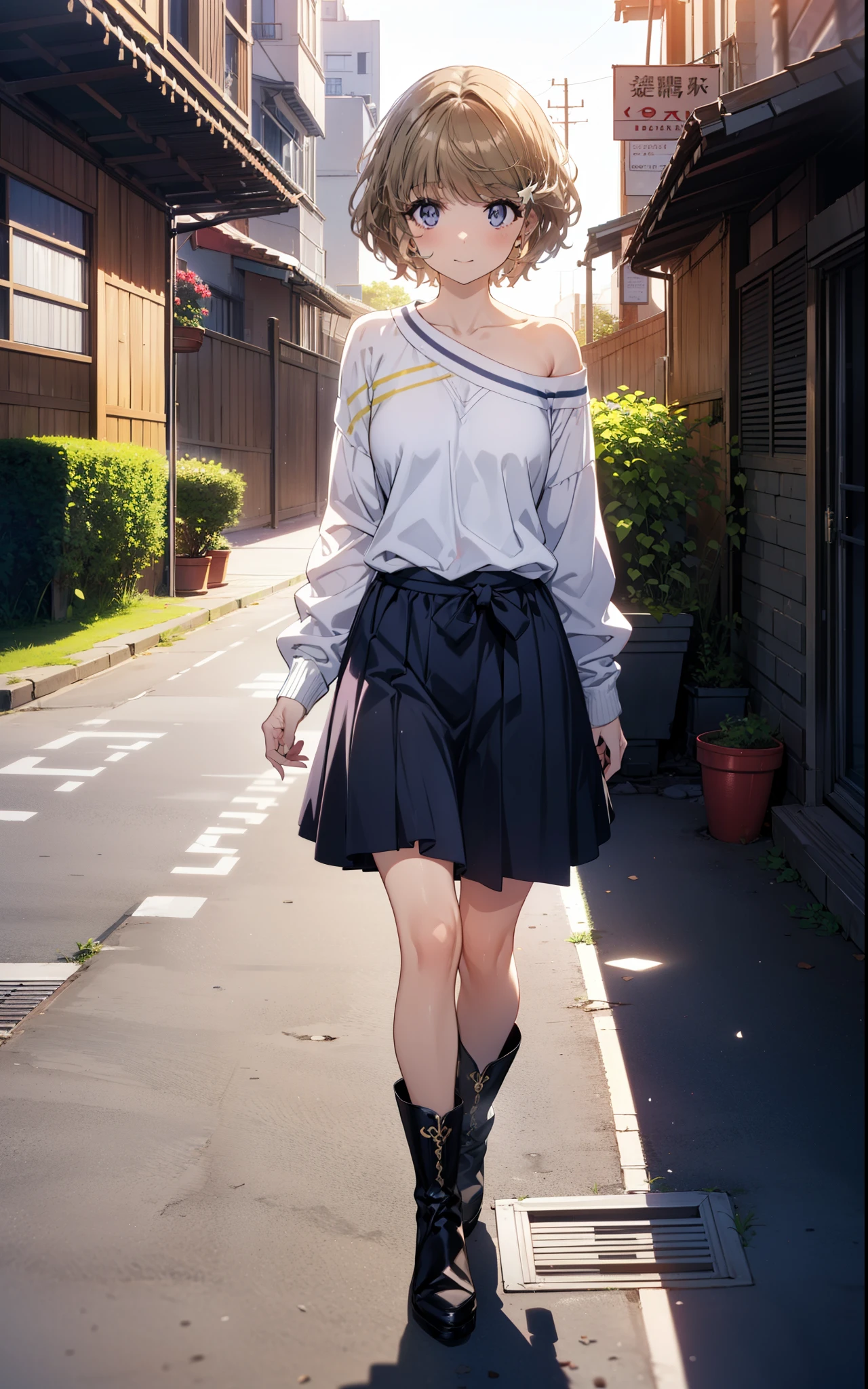 tomoekoga, Chie Koga, short hair, Brown Hair, blue eyes, Hair Clip,smile,One-shoulder sweater,Long skirt,short boots,Walking,morning,morning陽,The sun is rising,whole bodyがイラストに入るように,
break outdoors, Building district,
break looking at viewer, whole body,
break (masterpiece:1.2), Highest quality, High resolution, unity 8k wallpaper, (figure:0.8), (Beautiful attention to detail:1.6), Highly detailed face, Perfect lighting, Highly detailed CG, (Perfect hands, Perfect Anatomy),