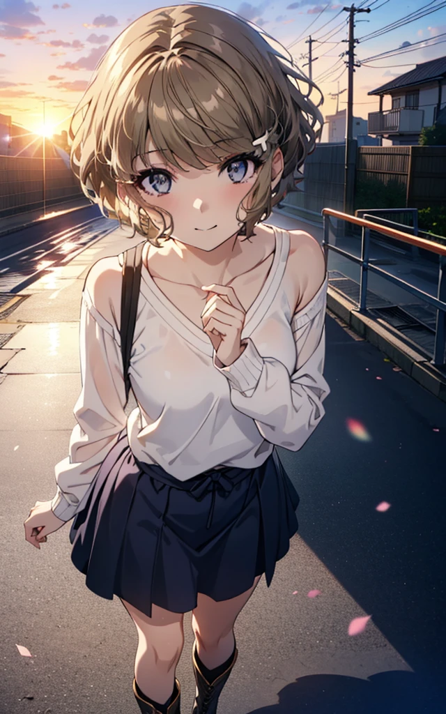 tomoekoga, Chie Koga, short hair, Brown Hair, blue eyes, Hair Clip,smile,One-shoulder sweater,Long skirt,short boots,Walking,morning,morning陽,The sun is rising,whole bodyがイラストに入るように,
break outdoors, Building district,
break looking at viewer, whole body,
break (masterpiece:1.2), Highest quality, High resolution, unity 8k wallpaper, (figure:0.8), (Beautiful attention to detail:1.6), Highly detailed face, Perfect lighting, Highly detailed CG, (Perfect hands, Perfect Anatomy),