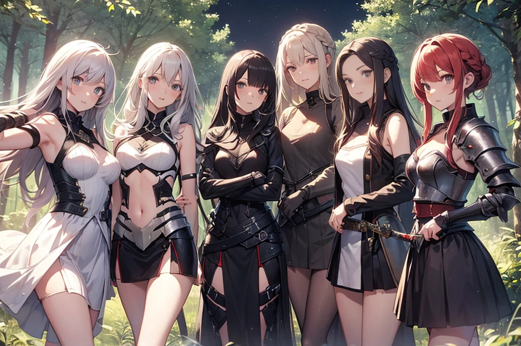 A group of female knight, (in forest), various hair styles, harem, wearing armored clothes, metal armor, night, details face, , short skirt, seducing, sword, showing armpits, sleeveless, braids