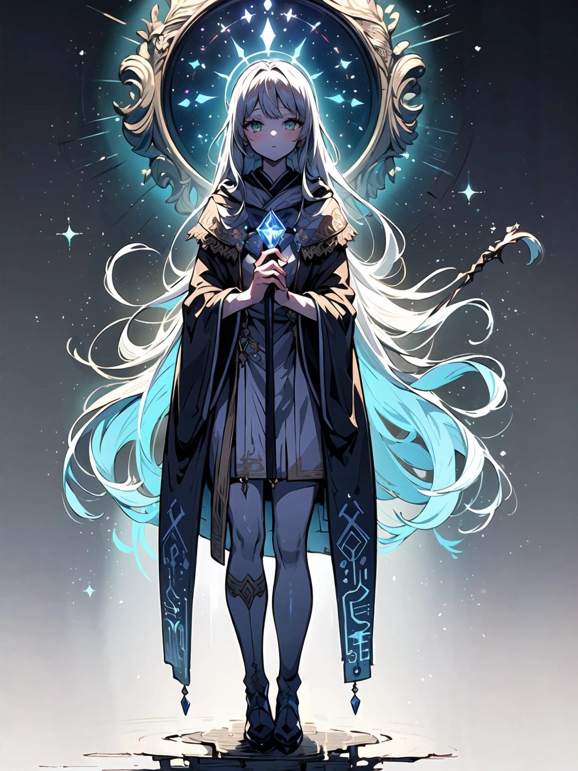 (((masterpiece, best quality, high detailed, 16k))) (1girl) A stunningly elegant young mage with long flowing silver hair and captivating green eyes. She wears intricately detailed robes in shades of deep blue and silver, adorned with mystical runes and symbols. She holds a beautifully crafted staff with a glowing crystal at the top. ((full body view))


