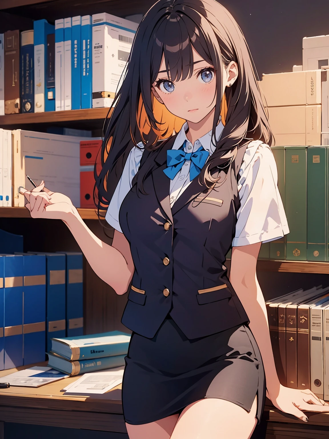 1 girl, Solo, 25 years old, Best Quality, Ultra-detailed, 8K, High resolution, Detailed face, black hair, (((half up))) (((office leady, office uniform, vest, bowtie, pencil skirt, pumps))), in the office, holding a bundle of papers,