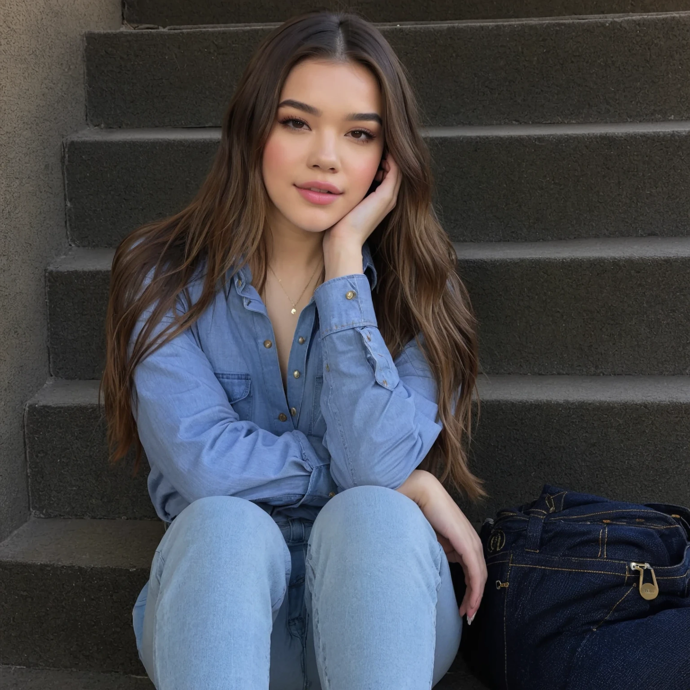 a photo of Hailee Steinfeld, Ohwx Woman, in a park, wearing shirt and jeans, Best Quality 