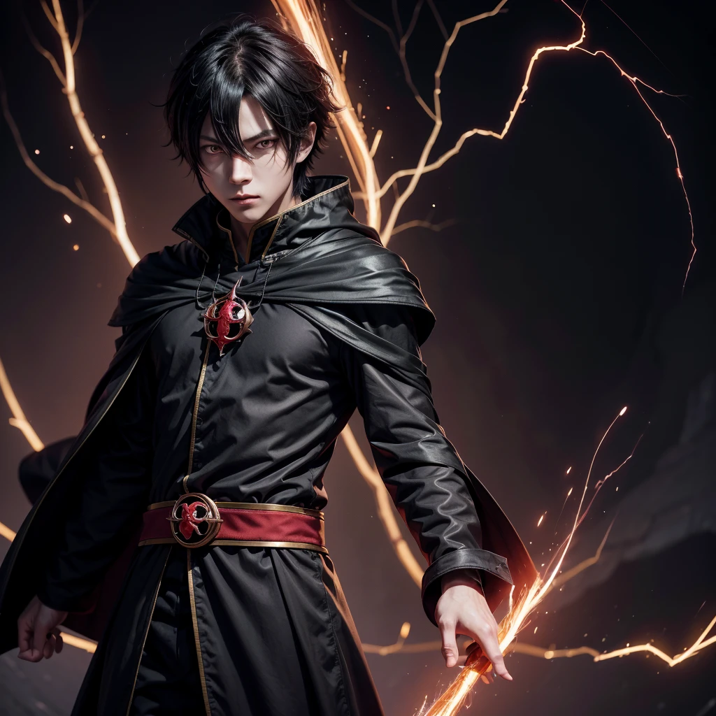 a cartoon image of a male character in a black outfit, in dark robes with gold accents, dark wizard, official character art, young male shadow wizard, shadow, dark priest, dark dress, best anime character design, villain pose, evil sorcerer, ( ( concept character art ) ), black horse with black hair, with black hair and red eyes in front of a dark background, with bright red eyes, with bright red eyes, cute japanese demon boy, with glowing yellow eyes, okata kazuto, male anime character, Ryuko Matoi, your eyes are red and glowing, okita sougo, sharp red eyes, sebastian michaelis, it has a piercing gaze