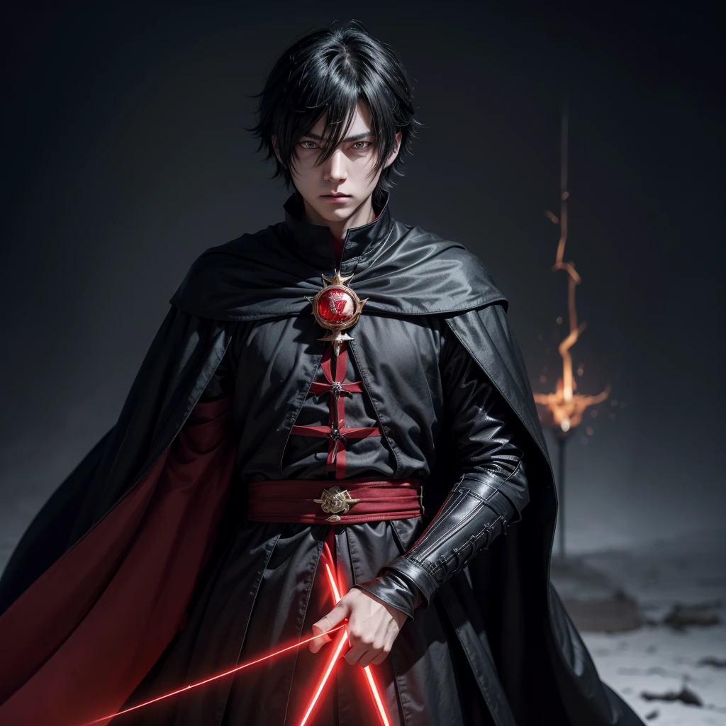 a cartoon image of a male character in a black outfit, in dark robes with gold accents, dark wizard, official character art, young male shadow wizard, shadow, dark priest, dark dress, best anime character design, villain pose, evil sorcerer, ( ( concept character art ) ), black horse with black hair, with black hair and red eyes in front of a dark background, with bright red eyes, with bright red eyes, cute japanese demon boy, with glowing yellow eyes, okata kazuto, male anime character, Ryuko Matoi, your eyes are red and glowing, okita sougo, sharp red eyes, sebastian michaelis, it has a piercing gaze