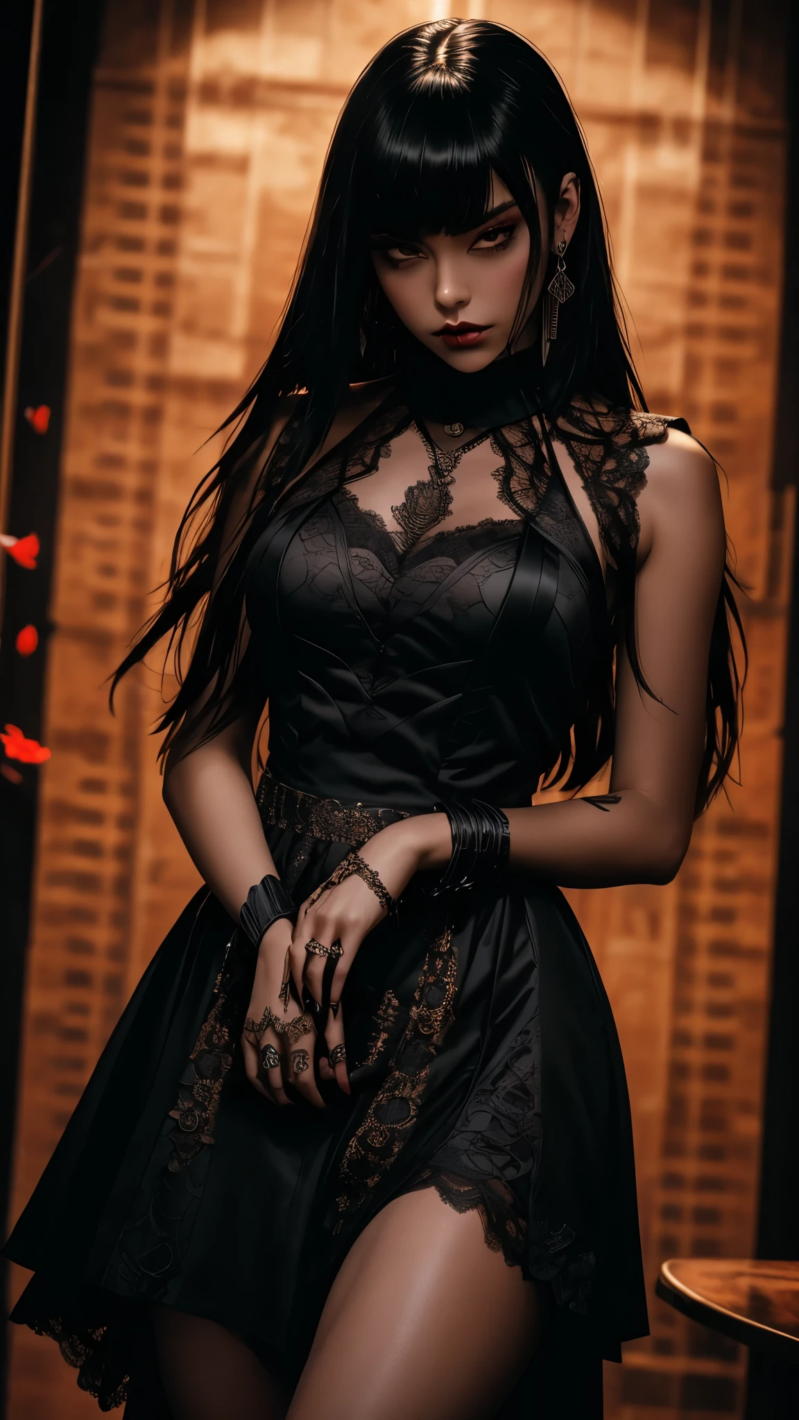A fierce and edgy woman stands before you, dressed in a whith dress with intricate lace and playful ruffles. She holds a guitar in her hands, ready to unleash her musical talents. Her striking makeup and dark hair add to her rebellious aura.