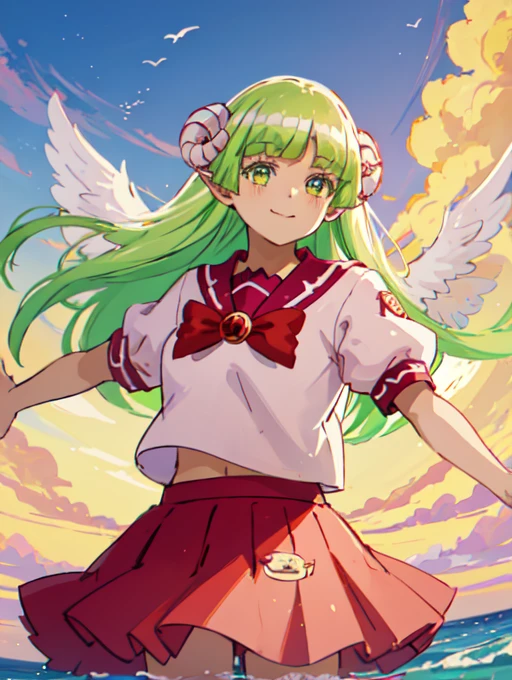 , make happy expressions,soft smiling,puros,beautiful face and detailed eyes, hair green, with big angel wings on the back, white  shirt, red skirt, school shirt, standing, round horn , Paradise, the girl is flying, the camera is far away, background clouds in the middle of the sea