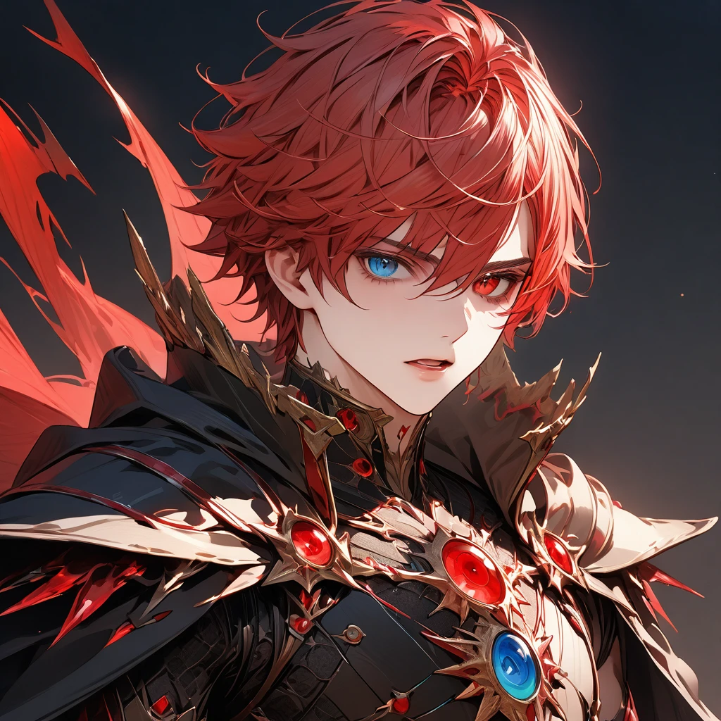 male face, red hair, (heterochromia, green and red eyes,) extremely detailed eyes, perfect eyes, open mouth, extremely detailed face, black overcoat, cape, RPG style, broad shoulders, upright posture, facing the image, no light in the image, (blue character background,) ((character with full rendering focus and details), UHD, accurate, masterpiece, anatomically correct, textured skin, super detail, high details, high quality, award winning, best quality, highres, 16k