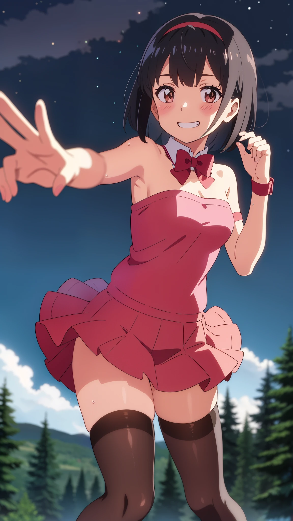 shinkai makoto, kimi no na wa., 1girl, bangs, black hair, blush, brown eyes, perfect face, looking at the viewer, Pink ruffled clothing, off shoulder strapless, miniskirt, detached collar, red headband, red ribbon, red bow, mini skirt, black thighhighs, short hair, solo, shinny skin, smile, cute, grin, cloudy, night sky, night background, forest, sweat, (masterpiece), best quality