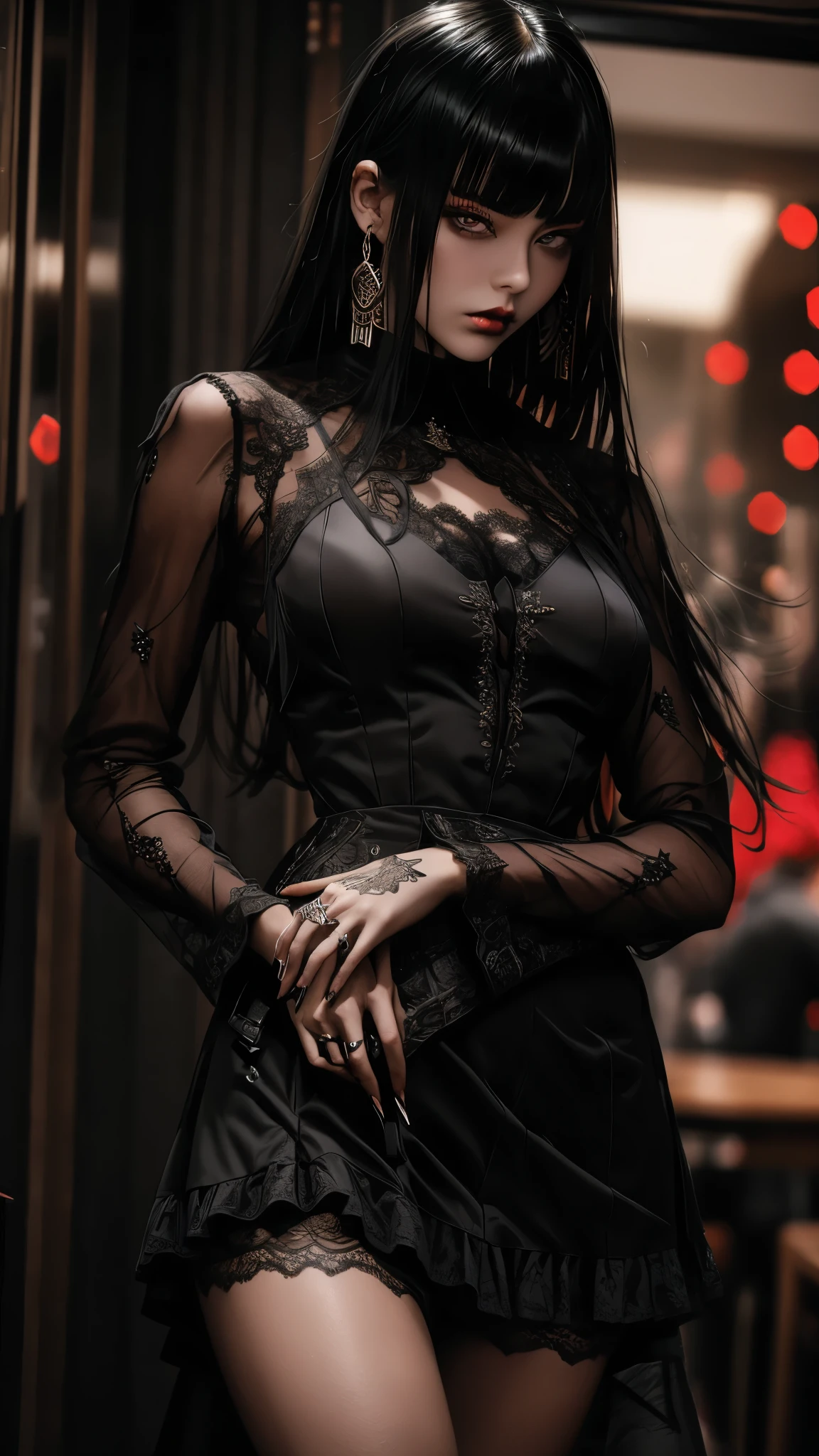 A fierce and edgy woman stands before you, dressed in a whith dress with intricate lace and playful ruffles. She holds a guitar in her hands, ready to unleash her musical talents. Her striking makeup and dark hair add to her rebellious aura.