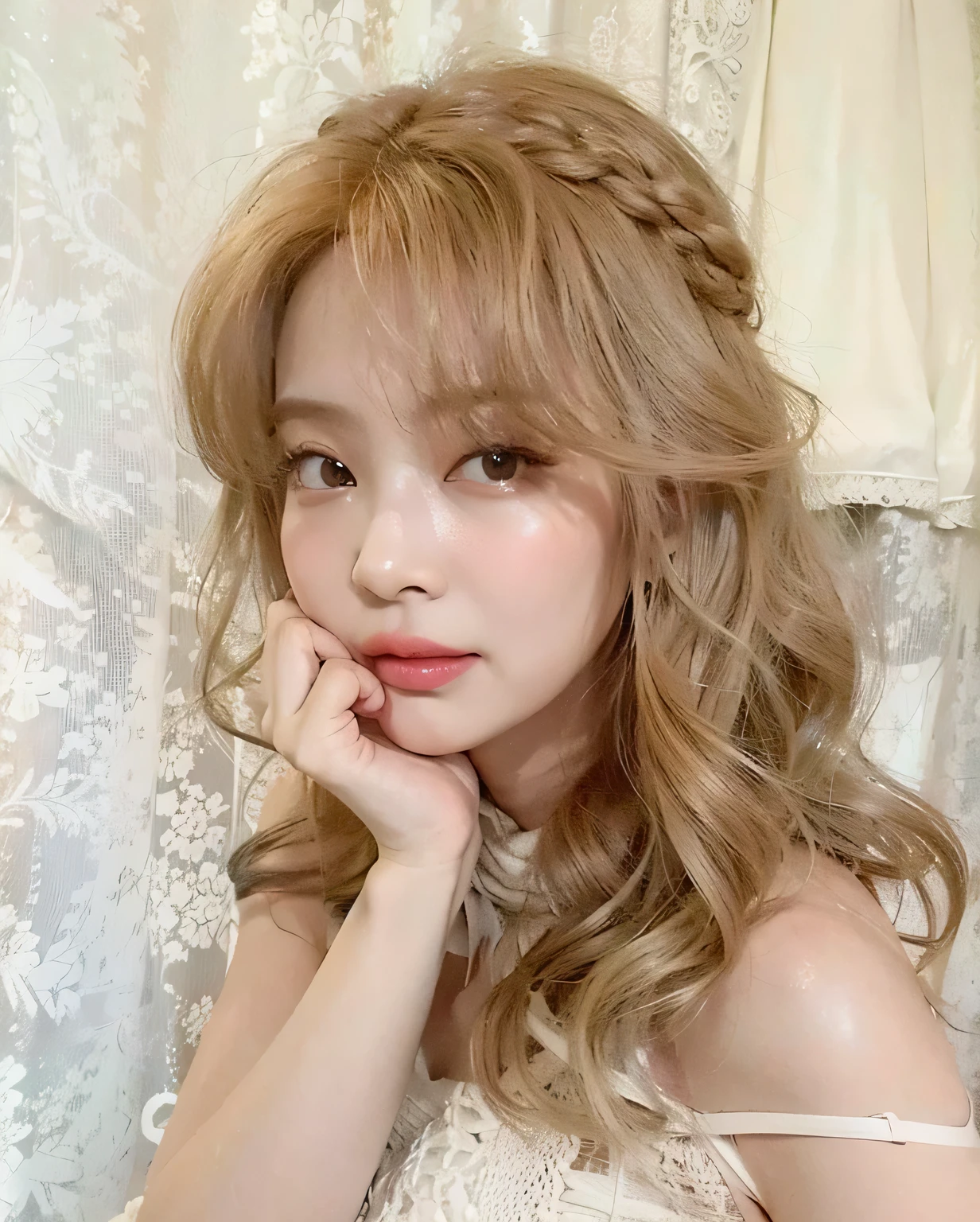 Arafed woman with long hair wearing a gray top and a scarf., jennie pink black, Portrait of Jossi from Blackpink, dilraba dilmurat, korean idol woman portrait, Jossi Hacer Blackpink, lee ji-eun, Lee Ji Eun, Beautiful young Korean woman, Parque Ji-min, Casa Yunjoo, crystal, heonhwa choe
