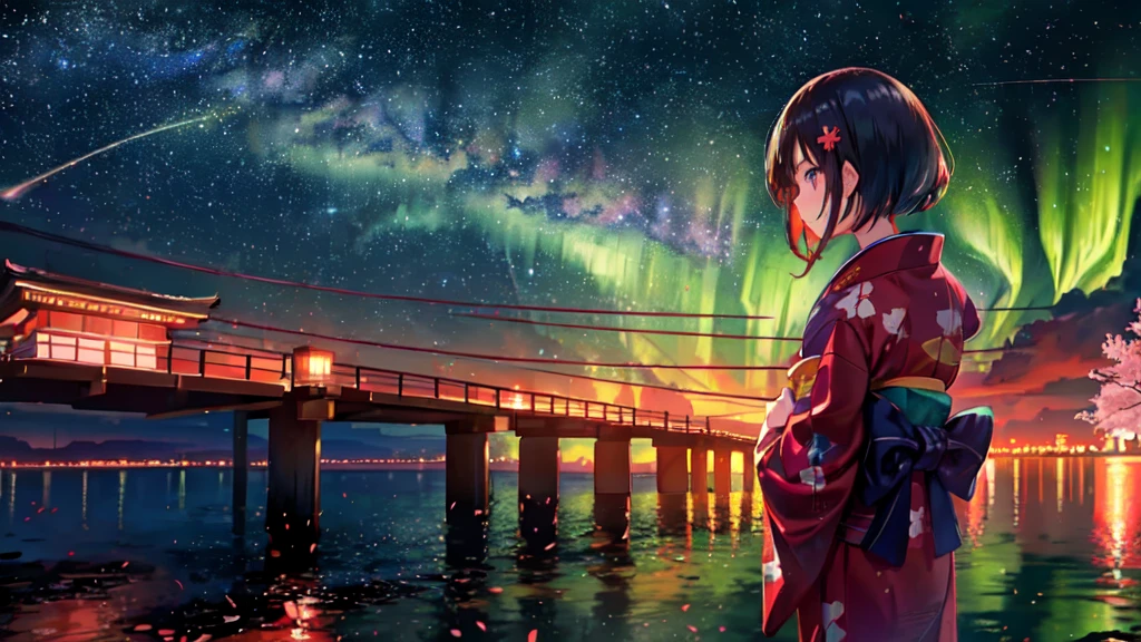 1girl, a distant girl kiss girl in a kimono gazing at the stars, (zoomed: 1.1), (meteor shower: 1.2), (comet: 1.1), your name, low angle, from behind, Northern Lights, meteors, yukata, red kimono, cherry blossoms, standing in the field, best quality, masterpiece, clouds, colorful, starry, stars,