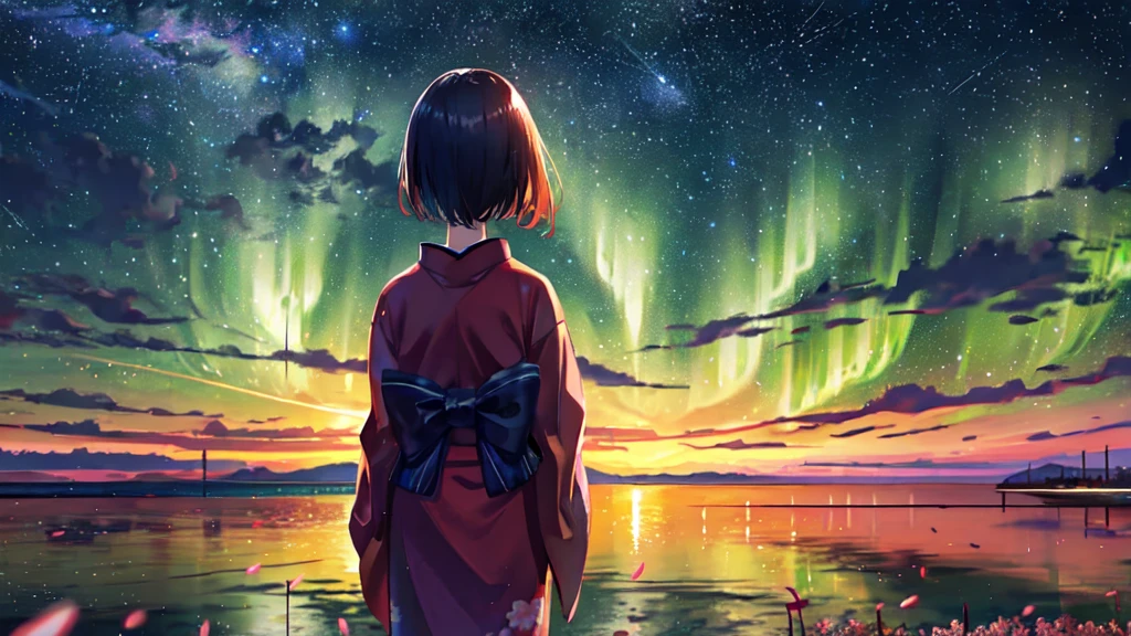 1girl, a distant girl kiss girl in a kimono gazing at the stars, (zoomed: 1.1), (meteor shower: 1.2), (comet: 1.1), your name, low angle, from behind, Northern Lights, meteors, yukata, red kimono, cherry blossoms, standing in the field, best quality, masterpiece, clouds, colorful, starry, stars,