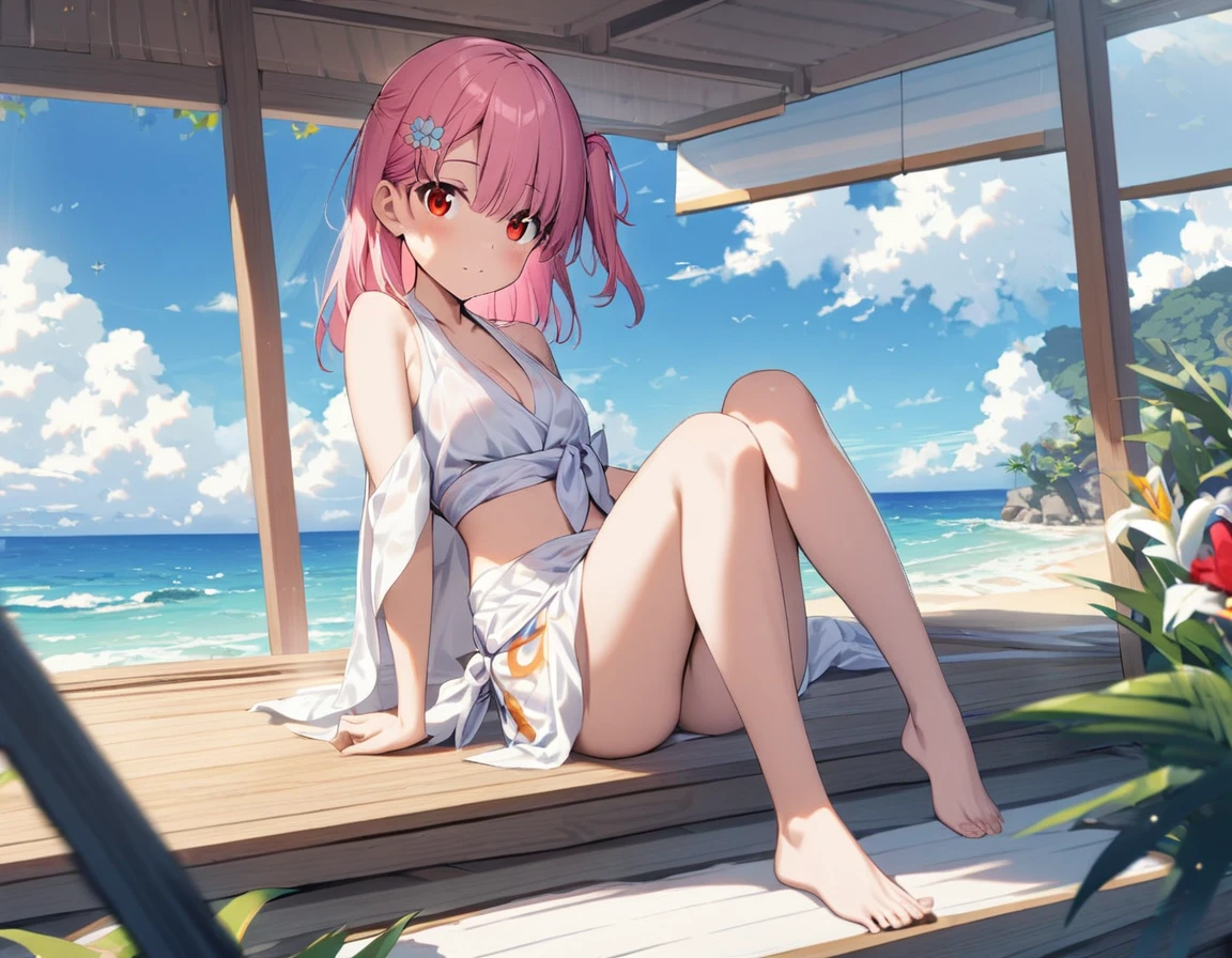 1 girl(white pareo, pink hair, half side up hair, flower hair clip, red eye, barefoot), sea side, 海の家,