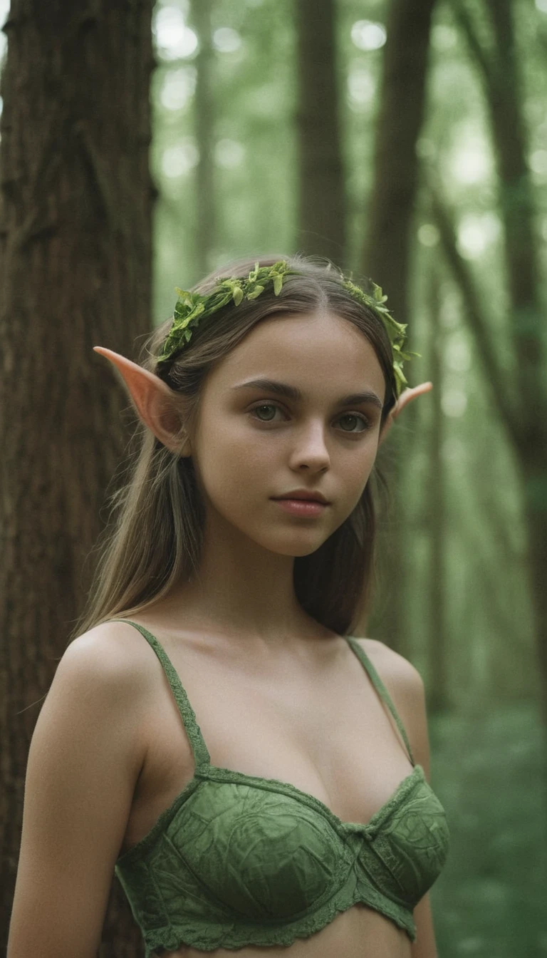 analog film photo, photo of a young elf girl, 18 years-old, elf, elf ears, long pointy ears, peridot eyes, light-brown sun-tanned skin, goosebumps, pretty, natural beauty, resembles a Ana De Armas, wearing a cotton bralette, posing in a misty forest, RAW Photograph, dslr, soft lighting, high quality, film grain, Fujifilm XT3, detailed skin with visible pores, insane details, masterpiece, 8k, 35mm photograph, dslr, kodachrome, faded film, desaturated, grainy, vintage, Lomography, stained, highly detailed, found footage, close-up shot, elven ears