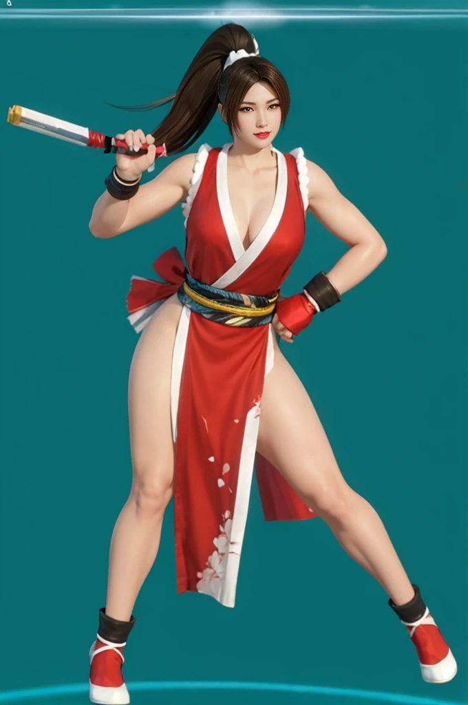 Mai Shiranui, (best quality,Ultra-detailed),(realistic:1.37), beautiful and detailed face, ultra-realistic texture, delicate face, athletic body, vivid colors. high definition, 8K, wearing red lipstick, rosy cheeks. expression with a slightly provocative smile