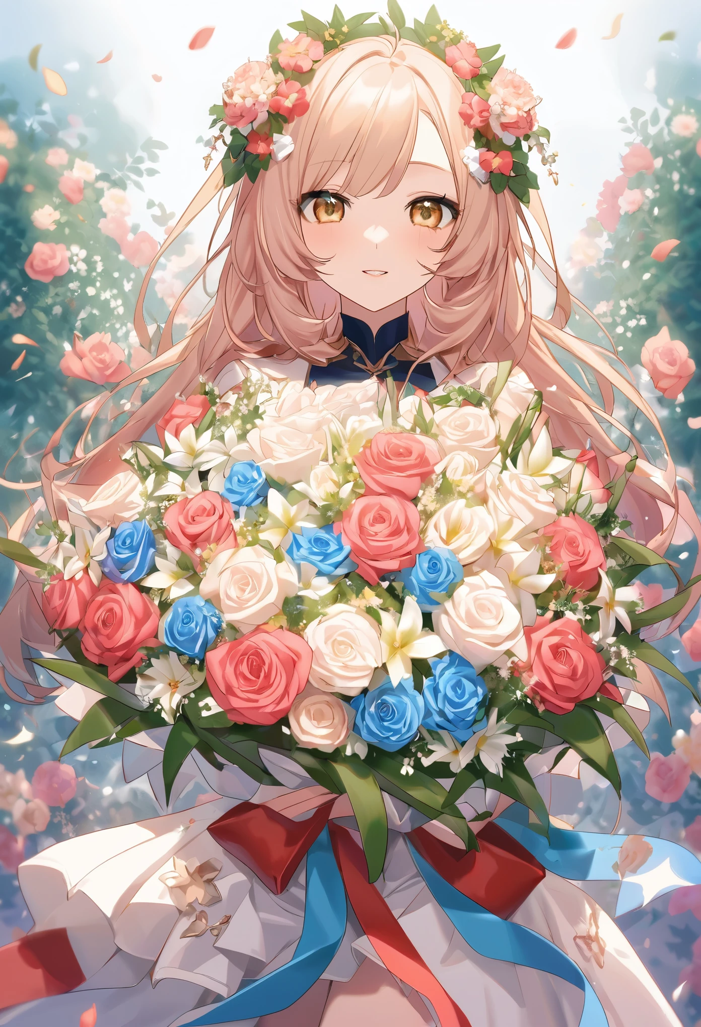 Close-up with a bouquet, Made of flowers少女, Girl in Flowers, Made of flowers, covered With flowers, With flowers, Carrying flowers, Full of flowers, Covered with flowers, Holding flowers, Lee Song, By Chiho Aoshima, By Niduan, Cute artwork, Jan Born, Send flowers to the heir'cheek