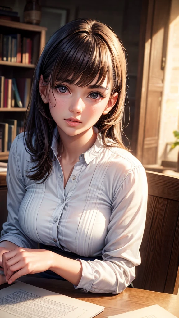 a cute girl studying, 1girl, solo, short brown hair with bangs, beautiful detailed eyes, beautiful detailed lips, extremely detailed face and portrait, long eyelashes, large breasts, wearing a white shirt, sitting down, books on background, low light, cinematic lighting, medium long shot, high angle, (best quality,4k,8k,highres,masterpiece:1.2),ultra-detailed,(realistic,photorealistic,photo-realistic:1.37), professional lighting, vinyet