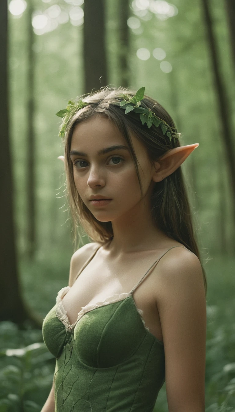 analog film photo, photo of a young elf girl, 18 years-old, elf, elf ears, long pointy ears, peridot eyes, light-brown sun-tanned skin, goosebumps, pretty, natural beauty, resembles a Ana De Armas, wearing a cotton bralette, posing in a misty forest, RAW Photograph, dslr, soft lighting, high quality, film grain, Fujifilm XT3, detailed skin with visible pores, insane details, masterpiece, 8k, 35mm photograph, dslr, kodachrome, faded film, desaturated, grainy, vintage, Lomography, stained, highly detailed, found footage, close-up shot, elven ears