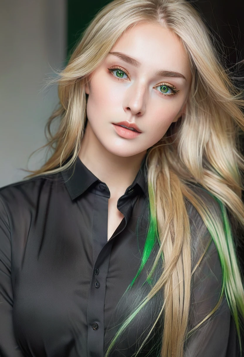 Portrait of a stunning woman, with green, slanted eyes and long, loose blonde hair, upturned nose, perfect skin with a black shirt, realistic and intricate details in the clothing and facial features, studio lighting to enhance the depth and realism of the image.