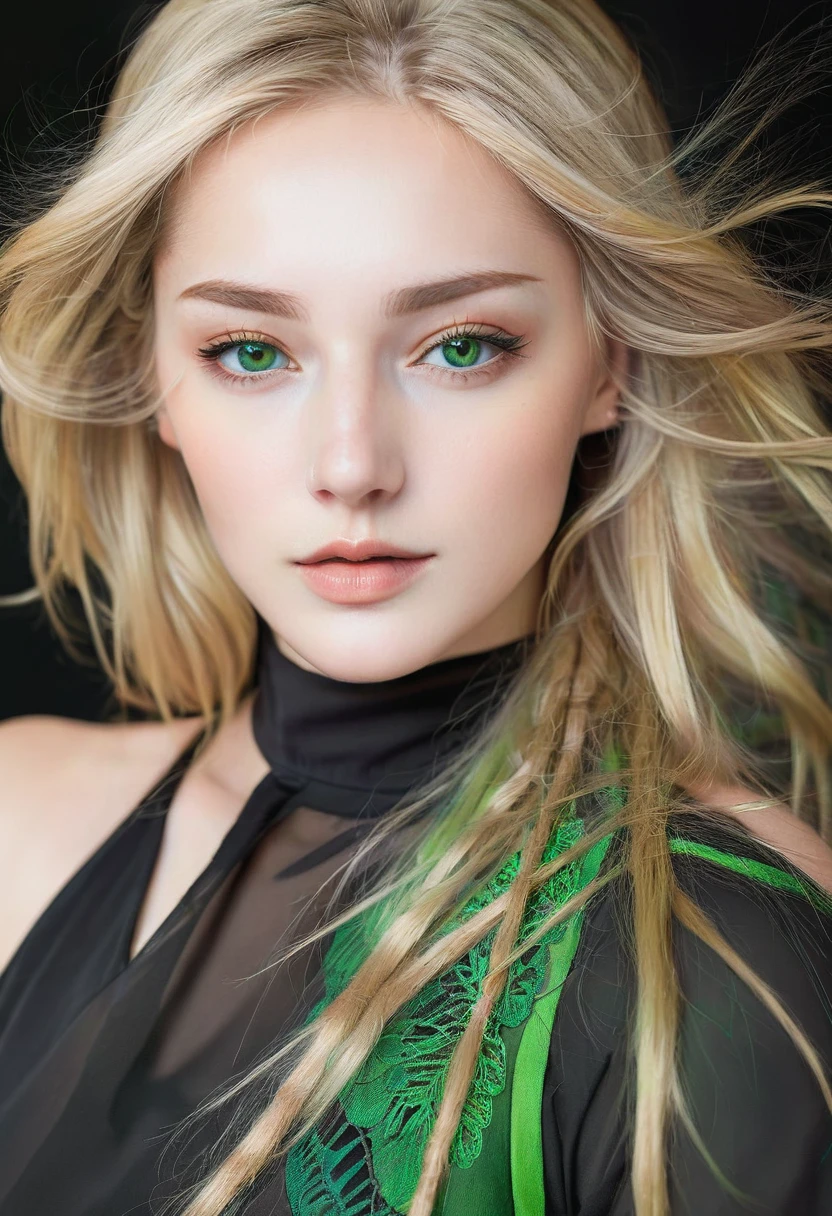 Portrait of a stunning woman, with green, slanted eyes and long, loose blonde hair, upturned nose, perfect skin with a black shirt, realistic and intricate details in the clothing and facial features, studio lighting to enhance the depth and realism of the image.