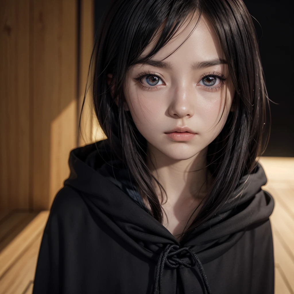 anime character with a cloak black eyes in the background and golden pupils