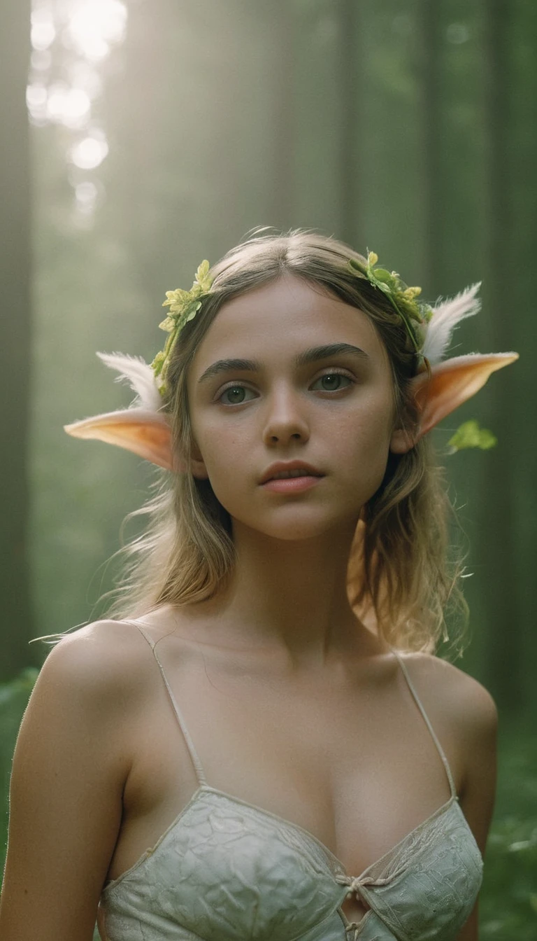 analog film photo, photo of a young elf girl, 18 years-old, elf, elf ears, long pointy ears, peridot eyes, light-brown sun-tanned skin, goosebumps, pretty, natural beauty, resembles a Ana De Armas, wearing a cotton bralette, posing in a misty forest, RAW Photograph, dslr, soft lighting, high quality, film grain, Fujifilm XT3, detailed skin with visible pores, insane details, masterpiece, 8k, 35mm photograph, dslr, kodachrome, faded film, desaturated, grainy, vintage, Lomography, stained, highly detailed, found footage, close-up shot, elven ears