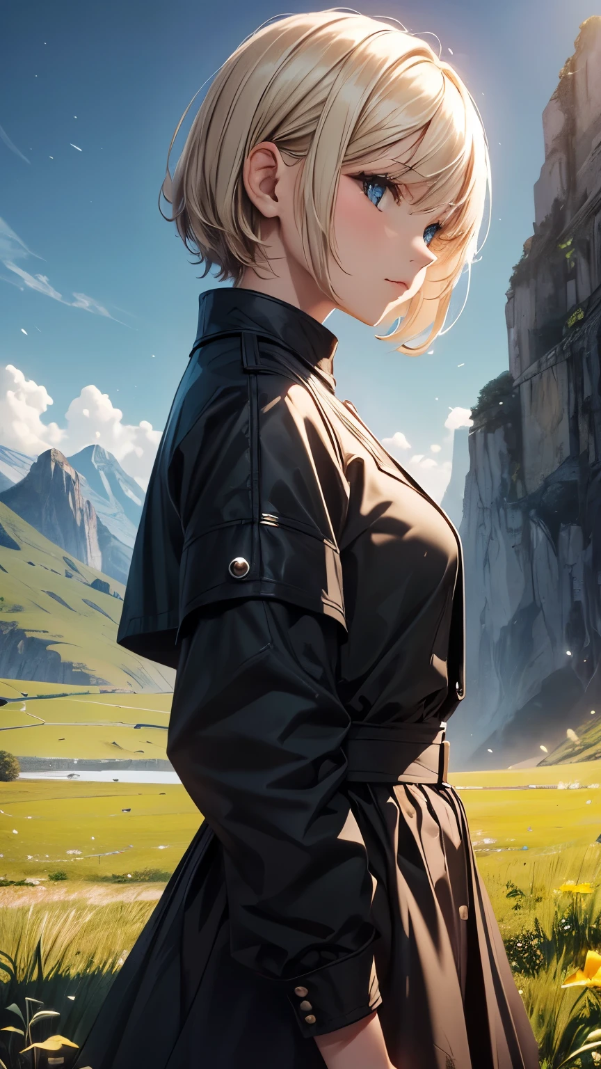 (Highest quality,4K,8k,High resolution,masterpiece:1.2),Very detailed,Realistic,photoRealistic:1.37, High resolution,超High resolution,Studio Lighting,Ultra-fine painting,Physically Based Rendering,Very detailed説明,Professional,Vibrant colors,Bokeh,girl,,((Dark Sky, Giant glass country, Ruined, Vast grassland)),no one, Blonde Short Hair, girl in her twenties