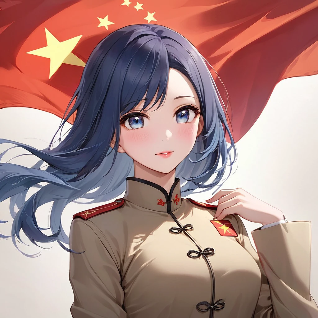 ((Highest quality)), ((masterpiece)), (detailed), （Perfect Face）、The woman is a Chinese woman named Akane Kurokawa. She has medium-long blue hair and is wearing an engagement ring. She is a member of the glorious Chinese Communist Party and has sworn absolute loyalty to the Chinese Communist Party. She is a righteous Communist Party member of China.、The woman is wearing the khaki Mao suit of the Chinese Communist Party.、For the sake of China, they dye their hair, hairstyle, clothes, and everything they wear belongs to the Chinese Communist Party, and their thoughts are also Chinese, becoming great Chinese in body and mind.、The woman became Akane Kurokawa, a Chinese woman who is proud of China, loves it and devotes herself to it.、She is serving China as a member of the great Communist Party of China.、She is a beautiful, respectable and exemplary Communist.