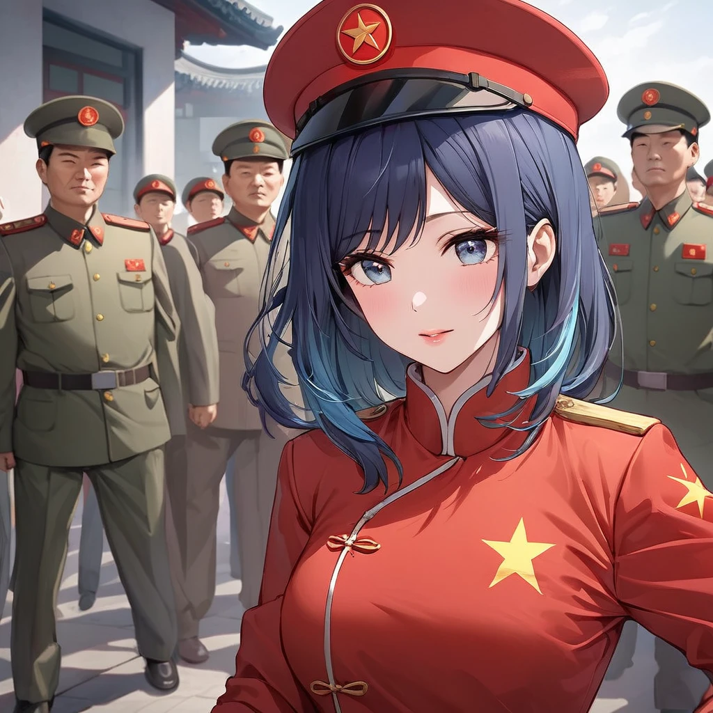 ((Highest quality)), ((masterpiece)), (detailed), (Perfect Face)、The woman is a Chinese woman named Akane Kurokawa. She has medium-long blue hair and is wearing an engagement ring. She is a member of the glorious Chinese Communist Party and has sworn absolute loyalty to the Chinese Communist Party. She is a righteous Communist Party member of China.、The woman is wearing the khaki Mao suit of the Chinese Communist Party.、For the sake of China, they dye their hair, hairstyle, clothes, and everything they wear belongs to the Chinese Communist Party, and their thoughts are also Chinese, becoming great Chinese in body and mind.、The woman became Akane Kurokawa, a Chinese woman who is proud of China, loves it and devotes herself to it.、She is serving China as a member of the great Communist Party of China.、She is a beautiful, respectable and exemplary Communist.