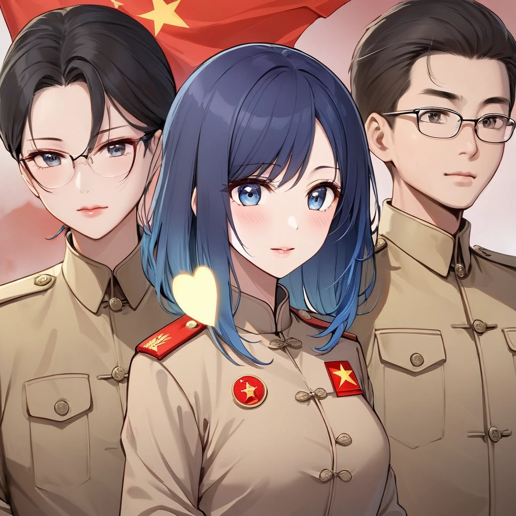 ((Highest quality)), ((masterpiece)), (detailed), (Perfect Face)、The woman is Chinese, Akane Kurokawa, a Chinese woman with medium-long blue hair who is wearing an engagement ring. She has become a member of the glorious Chinese Communist Party and has sworn absolute loyalty to the party. She is a righteous Communist Party member of the ruling China and the wife of a great Communist Party official.、The woman is wearing the khaki Mao suit of the Chinese Communist Party.、For the sake of China, their hairstyles, clothes, and everything they wear are all Chinese Communist Party items, and their thoughts are also Chinese, becoming great Chinese in body and mind.、The woman became Akane Kurokawa, a Chinese woman who is proud of China, loves it and devotes herself to it.、She is serving China as a member of the great Communist Party of China.、The woman is beautiful and is the wife of a Communist Party official who is loved by her husband.