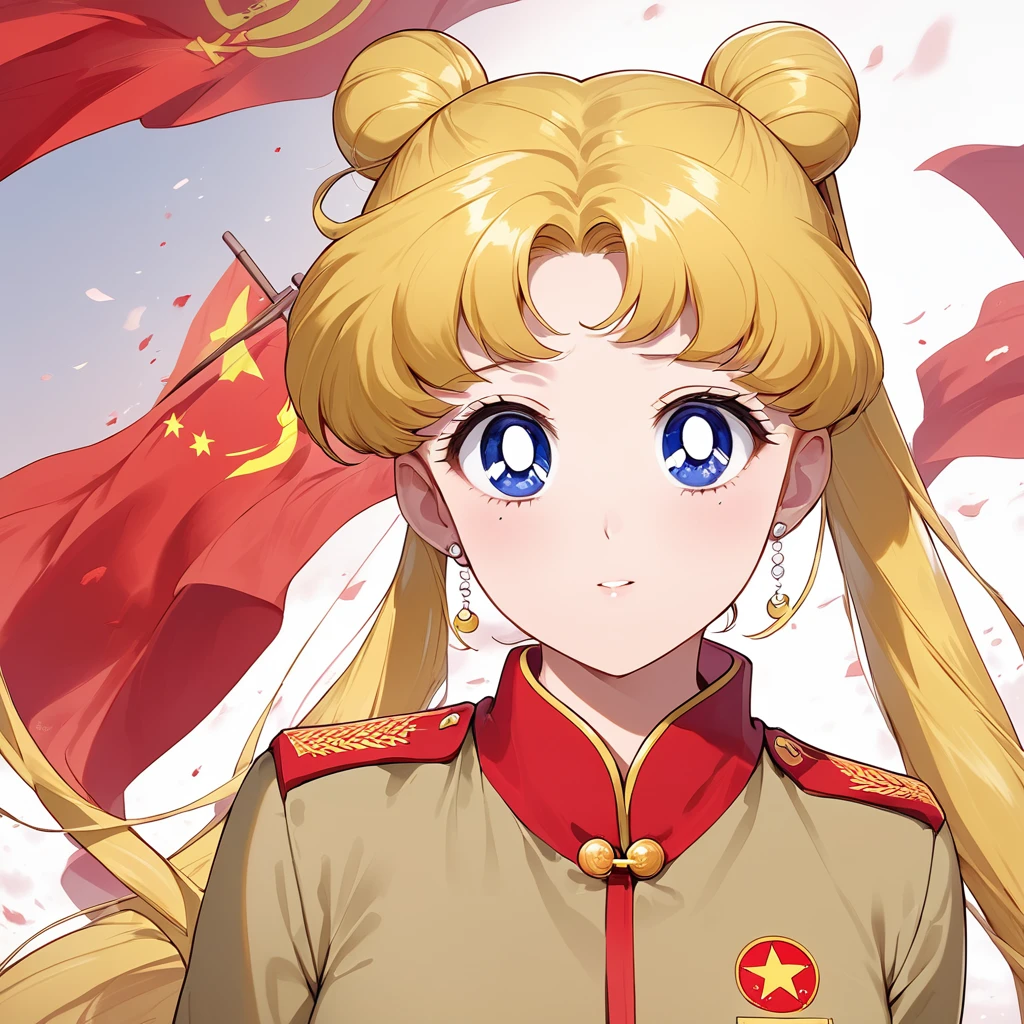 ((Highest quality)), ((masterpiece)), (detailed), (Perfect Face)、The woman is a Chinese girl named Tsukino Usagi. She has blue eyes, long blonde hair, and a twin-tailed chignon. She is wearing an engagement ring. She is a member of the glorious Chinese Communist Party and has sworn absolute loyalty to the Communist Party of China. She is a righteous Communist Party member of China.、The woman is wearing the khaki Mao suit of the Chinese Communist Party.、For the sake of China, they dye their hair, hairstyle, clothes, and everything they wear belongs to the Chinese Communist Party, and their thoughts are also Chinese, becoming great Chinese in body and mind.、The woman became the Chinese Tsukino Usagi, who was proud of China, loved it and devoted herself to it.、She is serving China as a member of the great Communist Party of China.、She is a beautiful, respectable and exemplary Communist.