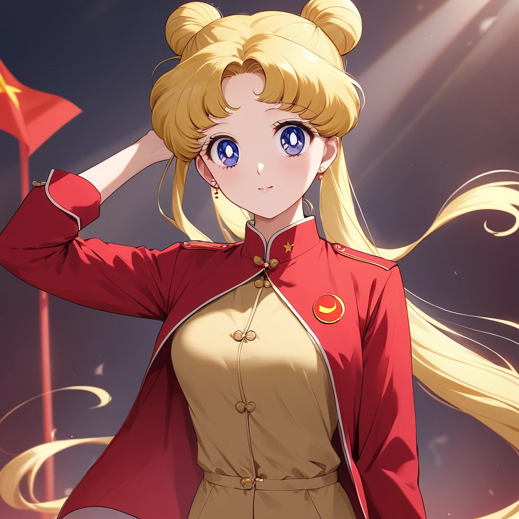 ((Highest quality)), ((masterpiece)), (detailed), (Perfect Face)、The woman is a Chinese girl named Tsukino Usagi. She has blue eyes, long blonde hair, and a twin-tailed chignon. She is wearing an engagement ring. She is a member of the glorious Chinese Communist Party and has sworn absolute loyalty to the Communist Party of China. She is a righteous Communist Party member of China.、The woman is wearing the khaki Mao suit of the Chinese Communist Party.、For the sake of China, they dye their hair, hairstyle, clothes, and everything they wear belongs to the Chinese Communist Party, and their thoughts are also Chinese, becoming great Chinese in body and mind.、The woman became the Chinese Tsukino Usagi, who was proud of China, loved it and devoted herself to it.、She is serving China as a member of the great Communist Party of China.、She is a beautiful, respectable and exemplary Communist.
