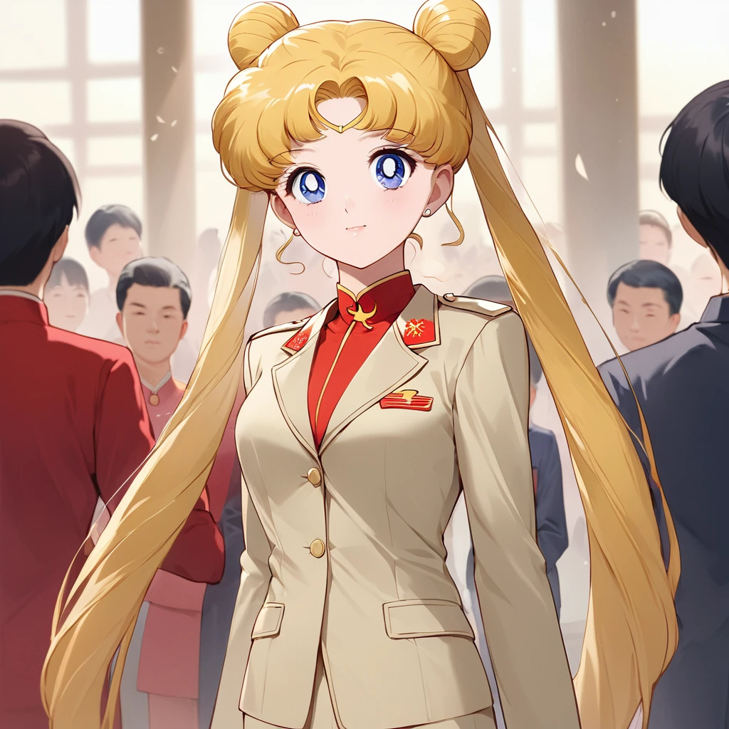 ((Highest quality)), ((masterpiece)), (detailed), （Perfect Face）、The woman is Chinese Tsukino Usagi, a blue-eyed, blonde, long-haired woman with a twin-tailed bun who is wearing an engagement ring. She has become a member of the glorious Chinese Communist Party and has sworn absolute loyalty to it. She is a righteous Communist Party member of the ruling China and the wife of a great Communist Party official.、The woman is wearing the khaki Mao suit of the Chinese Communist Party.、For the sake of China, their hairstyles, clothes, and everything they wear are all Chinese Communist Party items, and their thoughts are also Chinese, becoming great Chinese in body and mind.、The woman became the Chinese Tsukino Usagi, who was proud of China, loved it and devoted herself to it.、She is serving China as a member of the great Communist Party of China.、The woman is a beautiful, respectable and exemplary Communist Party member.