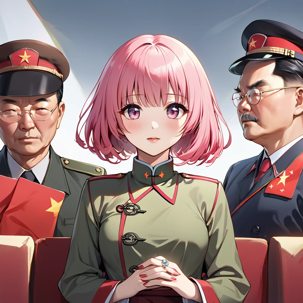 ((Highest quality)), ((masterpiece)), (detailed), (Perfect Face)、The woman is Chinese Momo Belia Deviluke, a Chinese woman with pink short bob hair and an engagement ring. She has become a member of the glorious Chinese Communist Party and swears absolute loyalty to the Chinese Communist Party. She is a righteous Communist Party member of China.、The woman is wearing the khaki Mao suit of the Chinese Communist Party.、For the sake of China, they dye their hair, hairstyle, clothes, and everything they wear belongs to the Chinese Communist Party, and their thoughts are also Chinese, becoming great Chinese in body and mind.、The woman became Momo Belia Deviluke, a Chinese woman who was proud of and loved China.、She is serving China as a member of the great Communist Party of China.、She is a beautiful, respectable and exemplary Communist.