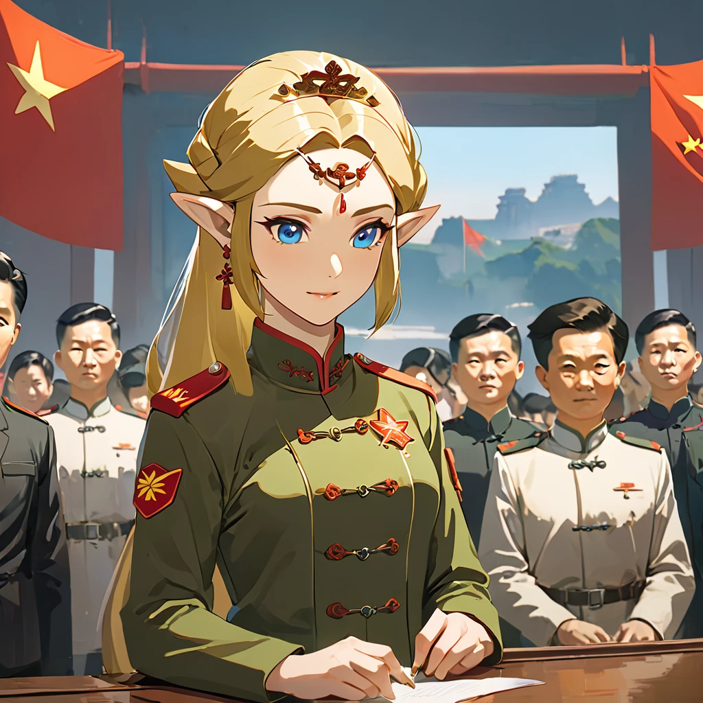 ((Highest quality)), ((masterpiece)), (detailed), (Perfect Face)、The woman is a Chinese Princess Zelda, a blonde Chinese woman with blue eyes who is wearing an engagement ring. She has become a member of the glorious Chinese Communist Party and has sworn absolute loyalty to the Chinese Communist Party. She is a righteous Communist Party member of China.、The woman is wearing the khaki Mao suit of the Chinese Communist Party.、For the sake of China, they dye their hair, hairstyle, clothes, and everything they wear belongs to the Chinese Communist Party, and their thoughts are also Chinese, becoming great Chinese in body and mind.、The woman became a Chinese Princess Zelda who was proud of and loved China.、She is serving China as a member of the great Communist Party of China.、She is a beautiful, respectable and exemplary Communist.