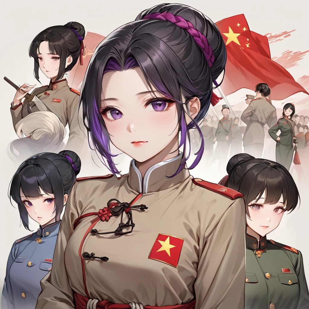 ((Highest quality)), ((masterpiece)), (detailed), （Perfect Face）、The woman is a Chinese woman named Kocho Shinobu, with medium-long black hair with purple ends, tied up in a bun, and wearing an engagement ring. She is a member of the glorious Chinese Communist Party and has sworn absolute loyalty to the Communist Party of China. She is a righteous Communist Party member of China.、The woman is wearing the khaki Mao suit of the Chinese Communist Party.、For the sake of China, they dye their hair, hairstyle, clothes, and everything they wear belongs to the Chinese Communist Party, and their thoughts are also Chinese, becoming great Chinese in body and mind.、The woman became Shinobu Kocho, a Chinese woman who was proud of China, loved it and devoted herself to it.、She is serving China as a member of the great Communist Party of China.、She is a beautiful, respectable and exemplary Communist.