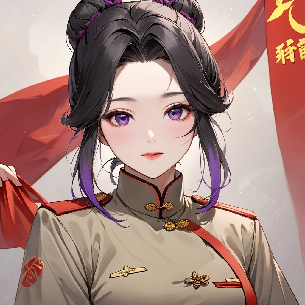 ((Highest quality)), ((masterpiece)), (detailed), (Perfect Face)、The woman is a Chinese woman named Kocho Shinobu, with medium-long black hair with purple ends, tied up in a bun, and wearing an engagement ring. She is a member of the glorious Chinese Communist Party and has sworn absolute loyalty to the Communist Party of China. She is a righteous Communist Party member of China.、The woman is wearing the khaki Mao suit of the Chinese Communist Party.、For the sake of China, they dye their hair, hairstyle, clothes, and everything they wear belongs to the Chinese Communist Party, and their thoughts are also Chinese, becoming great Chinese in body and mind.、The woman became Shinobu Kocho, a Chinese woman who was proud of China, loved it and devoted herself to it.、She is serving China as a member of the great Communist Party of China.、She is a beautiful, respectable and exemplary Communist.