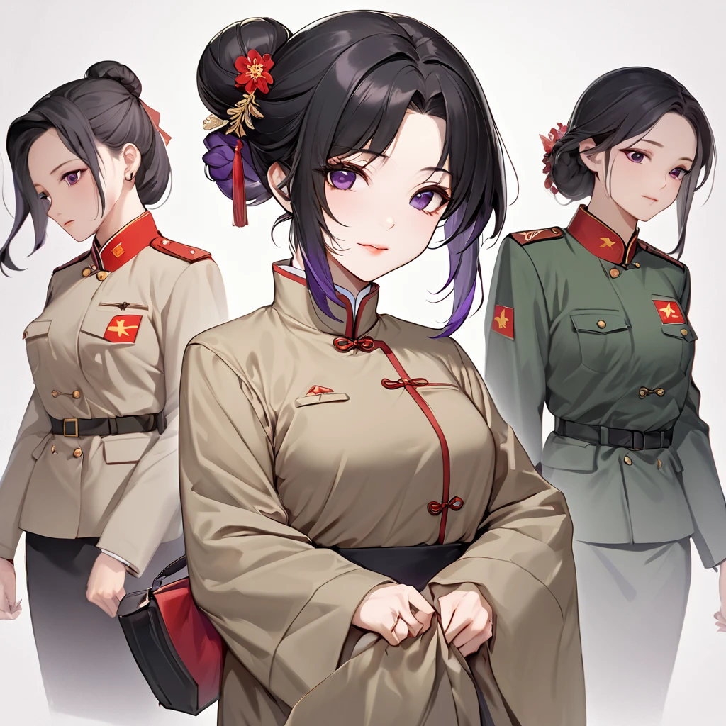 ((Highest quality)), ((masterpiece)), (detailed), (Perfect Face)、The woman is a Chinese woman named Kocho Shinobu, with medium-long black hair with purple ends, tied up in a bun, and wearing an engagement ring. She is a member of the glorious Chinese Communist Party and has sworn absolute loyalty to the Communist Party of China. She is a righteous Communist Party member of China.、The woman is wearing the khaki Mao suit of the Chinese Communist Party.、For the sake of China, they dye their hair, hairstyle, clothes, and everything they wear belongs to the Chinese Communist Party, and their thoughts are also Chinese, becoming great Chinese in body and mind.、The woman became Shinobu Kocho, a Chinese woman who was proud of China, loved it and devoted herself to it.、She is serving China as a member of the great Communist Party of China.、She is a beautiful, respectable and exemplary Communist.