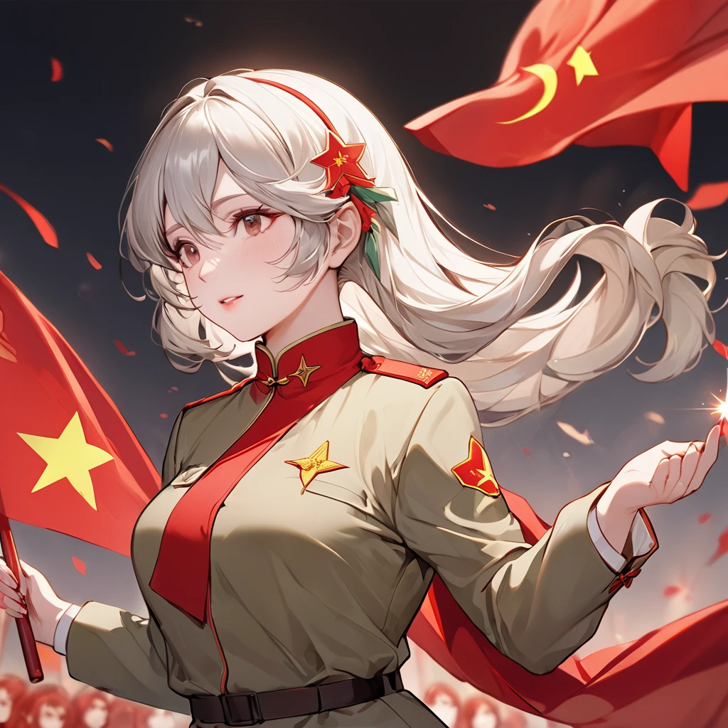 ((Highest quality)), ((masterpiece)), (detailed), （Perfect Face）、The woman is a Chinese Kaim with medium-long silver hair and an engagement ring. She is a member of the glorious Chinese Communist Party and has sworn absolute loyalty to the Communist Party of China. She is a righteous Communist Party member of China.、The woman is wearing the khaki Mao suit of the Chinese Communist Party.、For the sake of China, they dye their hair, hairstyle, clothes, and everything they wear belongs to the Chinese Communist Party, and their thoughts are also Chinese, becoming great Chinese in body and mind.、The woman became a Chinese Kaim who was proud of China and loved it devotedly.、She is serving China as a member of the great Communist Party of China.、She is a beautiful, respectable and exemplary Communist.