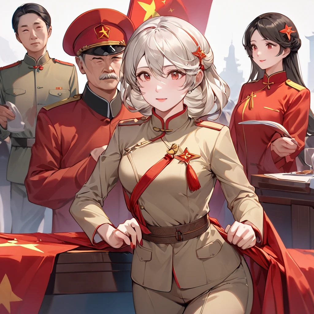 ((Highest quality)), ((masterpiece)), (detailed), (Perfect Face)、The woman is a Chinese Kaim with medium-long silver hair and an engagement ring. She is a member of the glorious Chinese Communist Party and has sworn absolute loyalty to the Communist Party of China. She is a righteous Communist Party member of China.、The woman is wearing the khaki Mao suit of the Chinese Communist Party.、For the sake of China, they dye their hair, hairstyle, clothes, and everything they wear belongs to the Chinese Communist Party, and their thoughts are also Chinese, becoming great Chinese in body and mind.、The woman became a Chinese Kaim who was proud of China and loved it devotedly.、She is serving China as a member of the great Communist Party of China.、She is a beautiful, respectable and exemplary Communist.