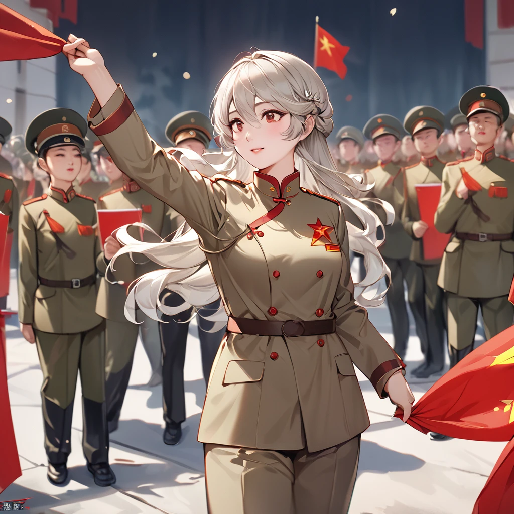((Highest quality)), ((masterpiece)), (detailed), （Perfect Face）、The woman is a Chinese Kaim with medium-long silver hair and an engagement ring. She is a member of the glorious Chinese Communist Party and has sworn absolute loyalty to the Communist Party of China. She is a righteous Communist Party member of China.、The woman is wearing the khaki Mao suit of the Chinese Communist Party.、For the sake of China, they dye their hair, hairstyle, clothes, and everything they wear belongs to the Chinese Communist Party, and their thoughts are also Chinese, becoming great Chinese in body and mind.、The woman became a Chinese Kaim who was proud of China and loved it devotedly.、She is serving China as a member of the great Communist Party of China.、She is a beautiful, respectable and exemplary Communist.