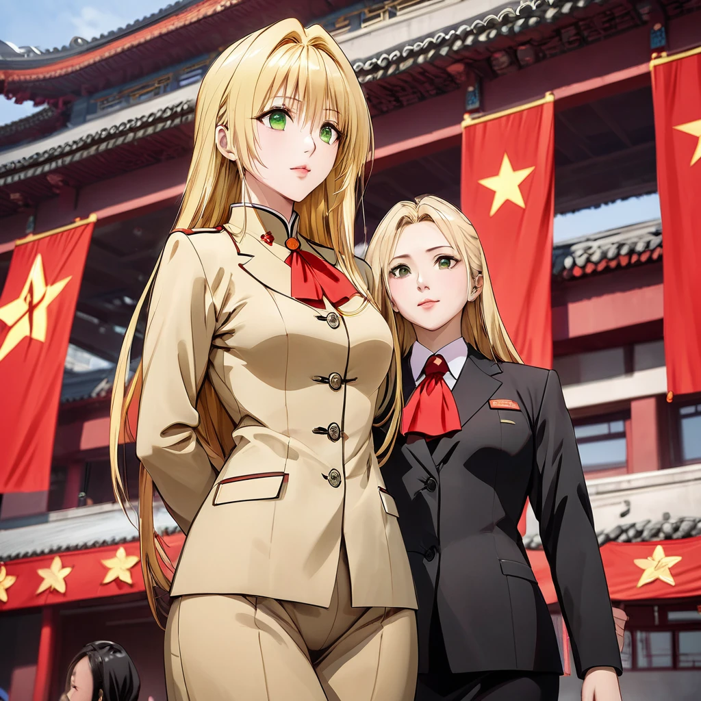 ((Highest quality)), ((masterpiece)), (detailed), （Perfect Face）、The woman is a Chinese woman named Tieryu Lunatique, a green-eyed, blonde, medium-long-haired Chinese woman wearing an engagement ring. She has become a member of the glorious Chinese Communist Party and pledges absolute loyalty to the Chinese Communist Party. She is a righteous Communist Party member of China.、The woman is wearing the khaki Mao suit of the Chinese Communist Party.、For the sake of China, they dye their hair, hairstyle, clothes, and everything they wear belongs to the Chinese Communist Party, and their thoughts are also Chinese, becoming great Chinese in body and mind.、The woman became a Chinese woman named Tiare Lunatique, who was proud of China and loved it devotedly.、She is serving China as a member of the great Communist Party of China.、She is a beautiful, respectable and exemplary Communist.