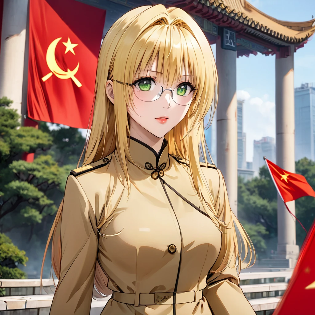 ((Highest quality)), ((masterpiece)), (detailed), (Perfect Face)、The woman is a Chinese woman named Tieryu Lunatique, a green-eyed, blonde, medium-long-haired Chinese woman wearing an engagement ring. She has become a member of the glorious Chinese Communist Party and pledges absolute loyalty to the Chinese Communist Party. She is a righteous Communist Party member of China.、The woman is wearing the khaki Mao suit of the Chinese Communist Party.、For the sake of China, they dye their hair, hairstyle, clothes, and everything they wear belongs to the Chinese Communist Party, and their thoughts are also Chinese, becoming great Chinese in body and mind.、The woman became a Chinese woman named Tiare Lunatique, who was proud of China and loved it devotedly.、She is serving China as a member of the great Communist Party of China.、She is a beautiful, respectable and exemplary Communist.