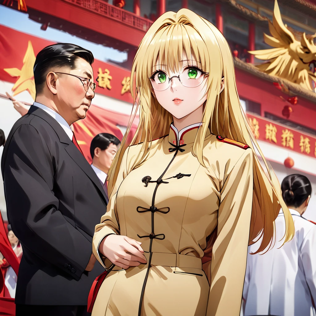 ((Highest quality)), ((masterpiece)), (detailed), （Perfect Face）、The woman is a Chinese woman named Tieryu Lunatique, a green-eyed, blonde, medium-long-haired Chinese woman wearing an engagement ring. She has become a member of the glorious Chinese Communist Party and pledges absolute loyalty to the Chinese Communist Party. She is a righteous Communist Party member of China.、The woman is wearing the khaki Mao suit of the Chinese Communist Party.、For the sake of China, they dye their hair, hairstyle, clothes, and everything they wear belongs to the Chinese Communist Party, and their thoughts are also Chinese, becoming great Chinese in body and mind.、The woman became a Chinese woman named Tiare Lunatique, who was proud of China and loved it devotedly.、She is serving China as a member of the great Communist Party of China.、She is a beautiful, respectable and exemplary Communist.